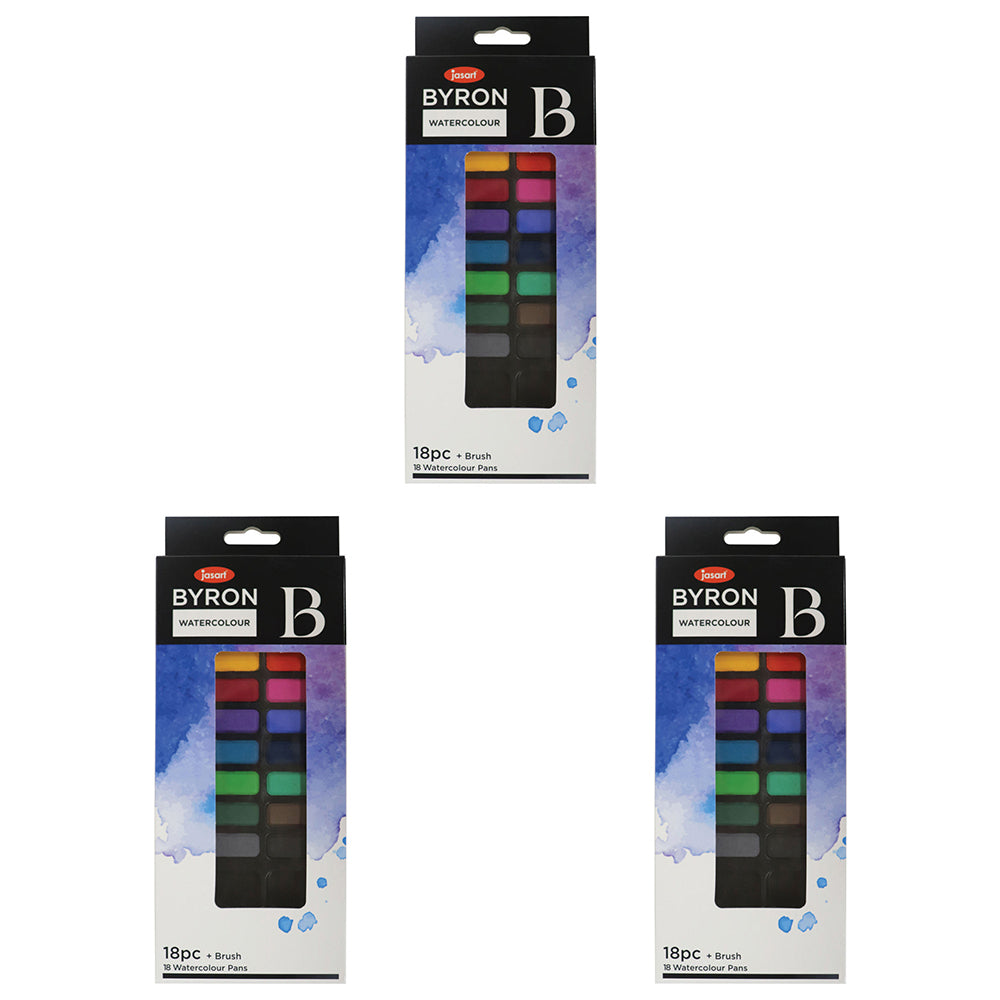 3PK Jasart Byron 18-Colour Pan Watercolour w/ Tin/Brush Set