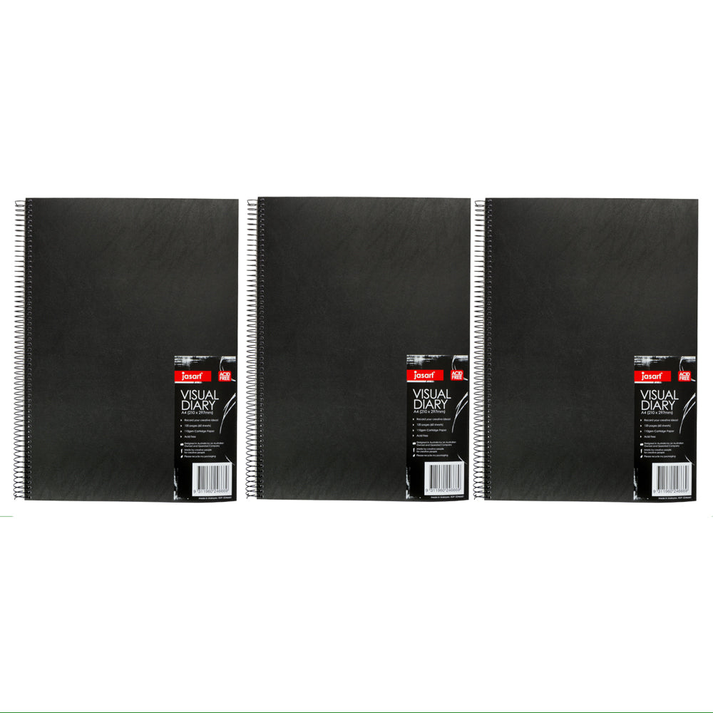 3PK Jasart 120 Page A4 Visual Diary 21x29.7cm Journal Notebook - Black