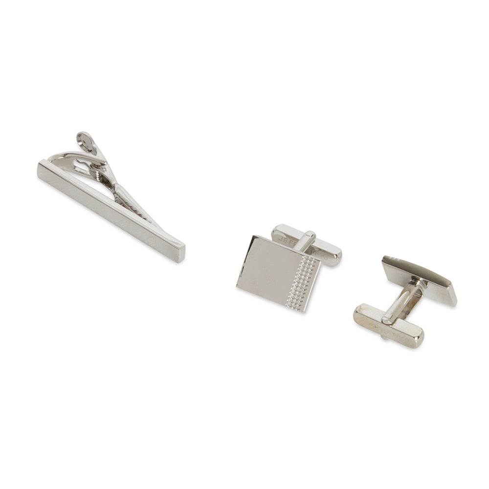 Jeff Banks Stylish Smooth Metal Tie Bar & Cufflinks Set Silver