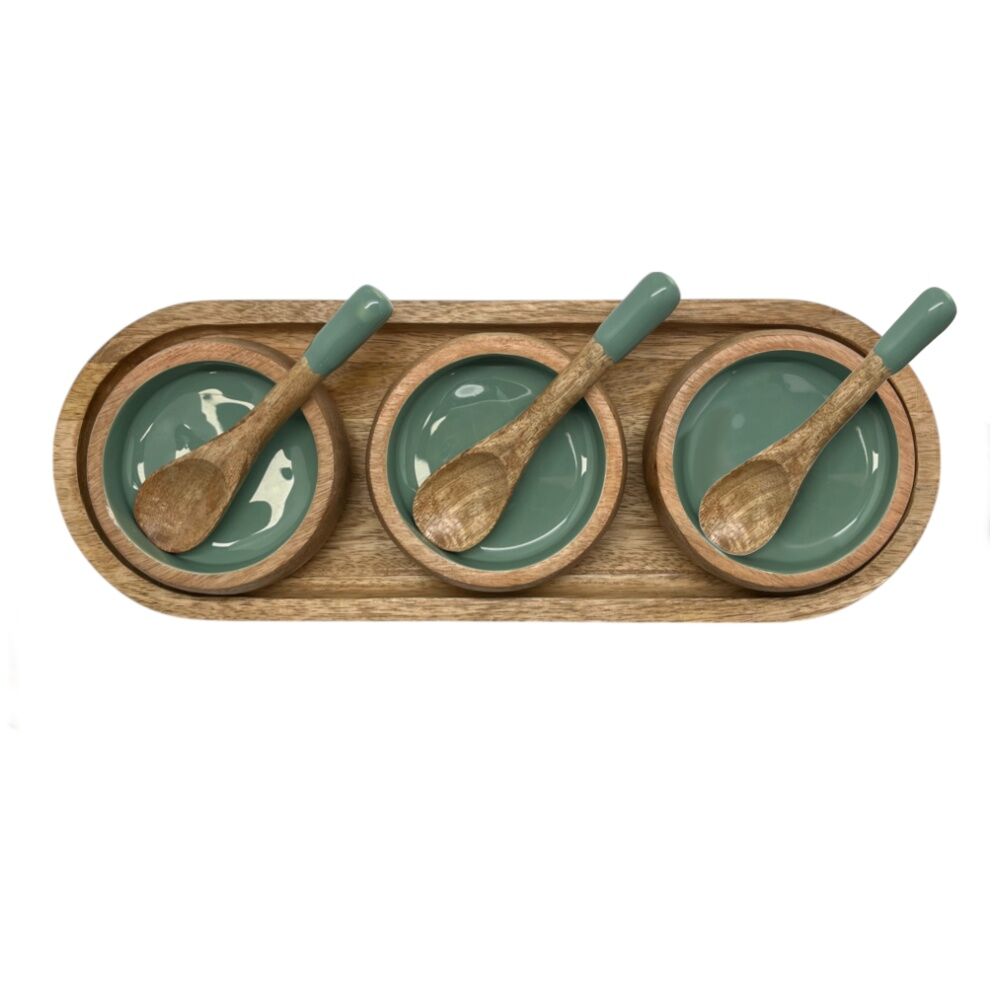 2PK J.Elliot Home Corinne Serving Tray w/ Bowls & Spoons 35.5x13x5cm Green Natural