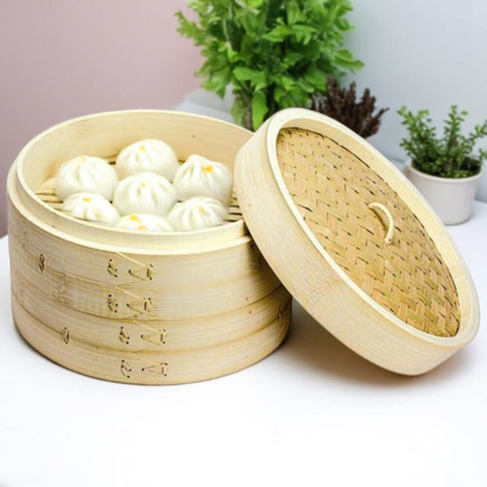 2pc NF Living Bamboo Steamers 15cm Two-Tier Design Kitchenware Natural