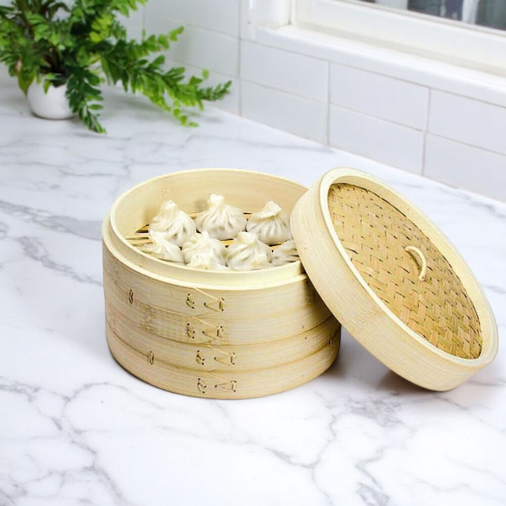 2pc NF Living Bamboo Steamers 25cm Multi-Tier Design Kitchenware Natural