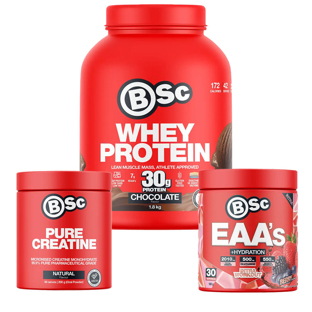 BSc Gym Combo 1.8kg Choc Whey Protein 180g Berry EAA + Hydration 200g Creatine
