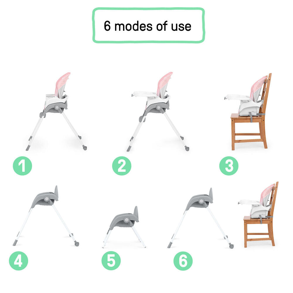 Ingenuity Trio Foldaway 6-in-1 Baby High Chair w/Detachable Booster Pink 6m+