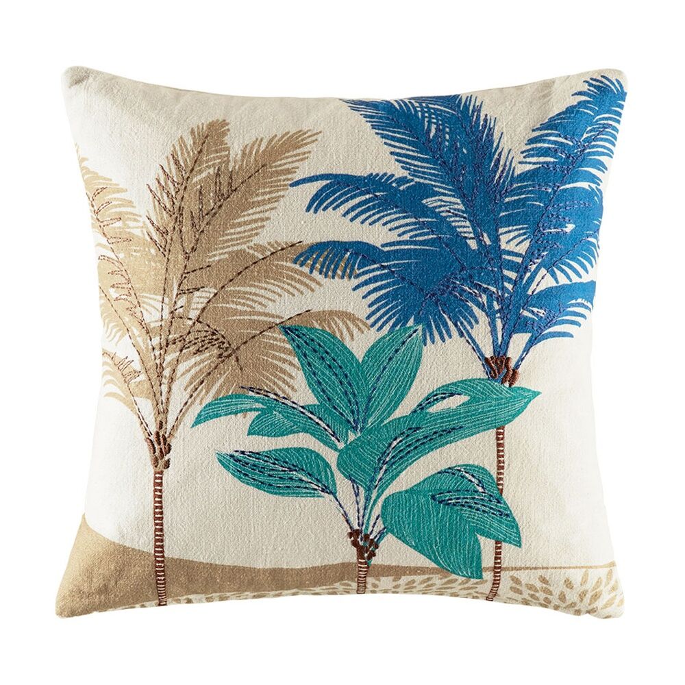 KAS Australia Deveroe Cushion 50x50cm Leaf Print Embroidered Slub Square Blue
