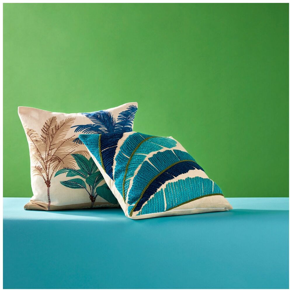 KAS Australia Deveroe Cushion 50x50cm Leaf Print Embroidered Slub Square Blue