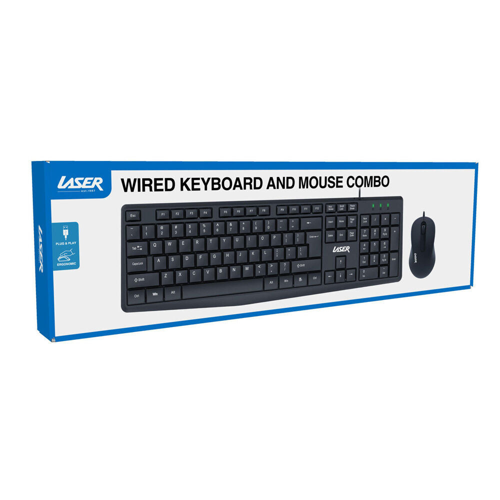 2PK Laser Wired Office Keybord and Mouse Ergonomic Portable Combo Set Black