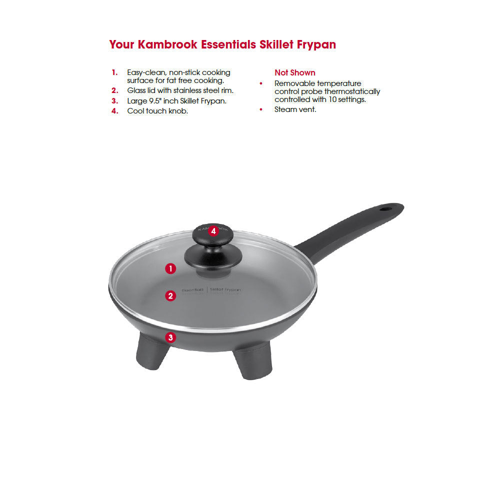 Kambrook 9.5" 1100W Die-Cast/Non-Stick Essentials Skillet Frypan w/ Glass Lid