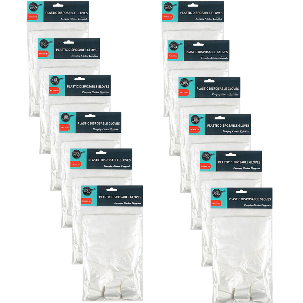 12x 125pc Topchef Disposable Single-Use Plastic Kitchen Gloves Set Clear