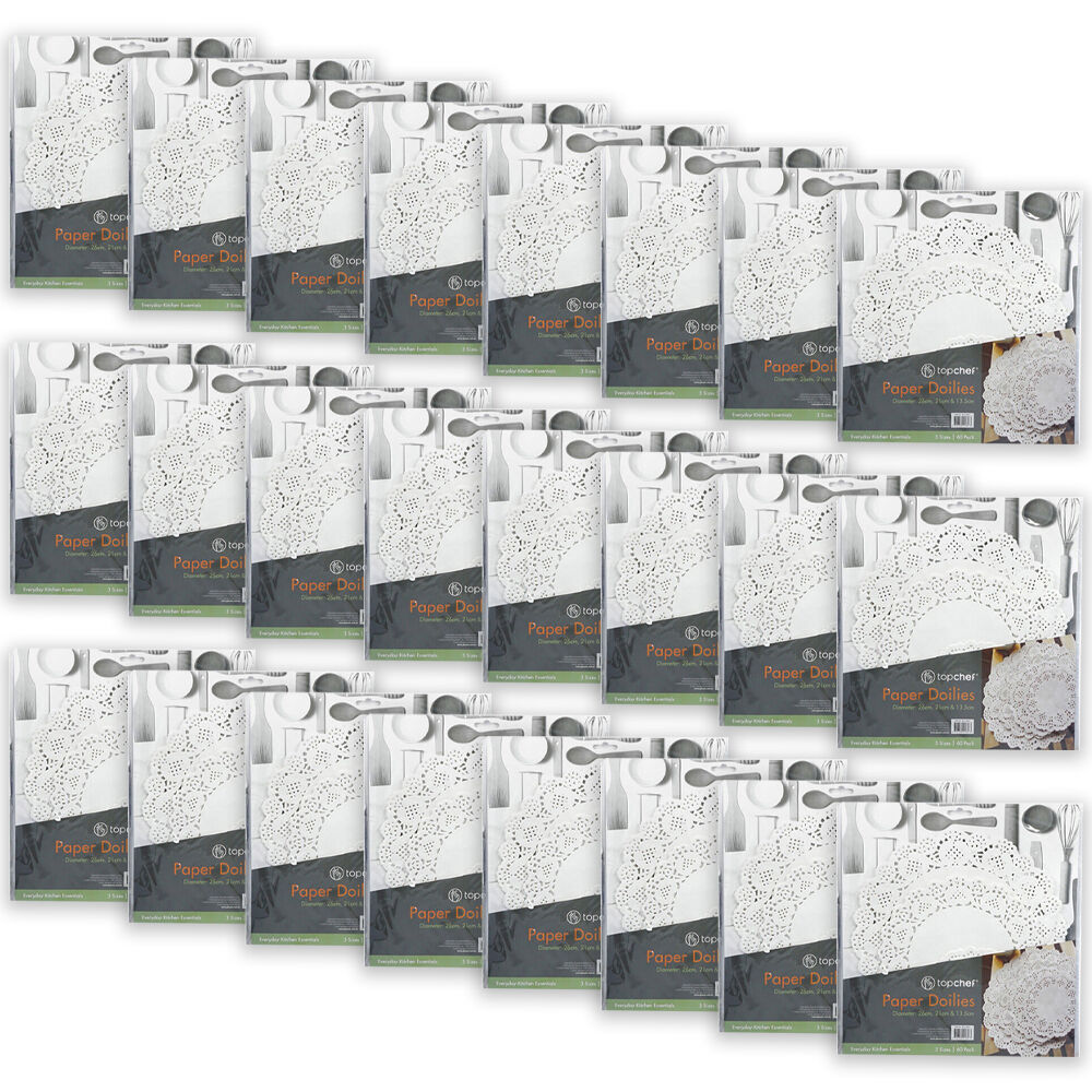 24x 60pc Topchef Multi-Size Round Paper Lace Doilies Pack White Assorted