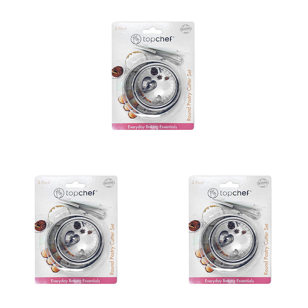 3x 3pc Topchef Stainless Steel Round Pastry Cutter Baking Set 6-8cm Silver