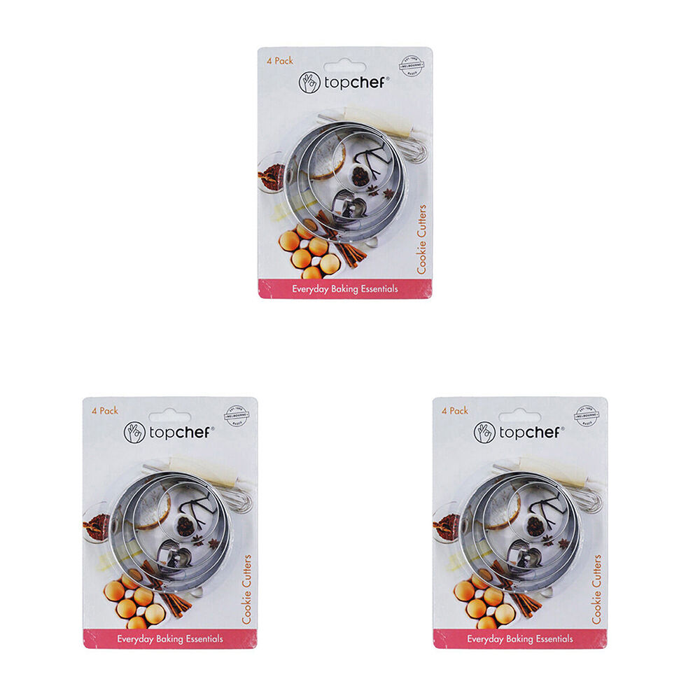3x 4pc Topchef Stainless Steel Round Cookie Cutters Set 4-8cm Silver