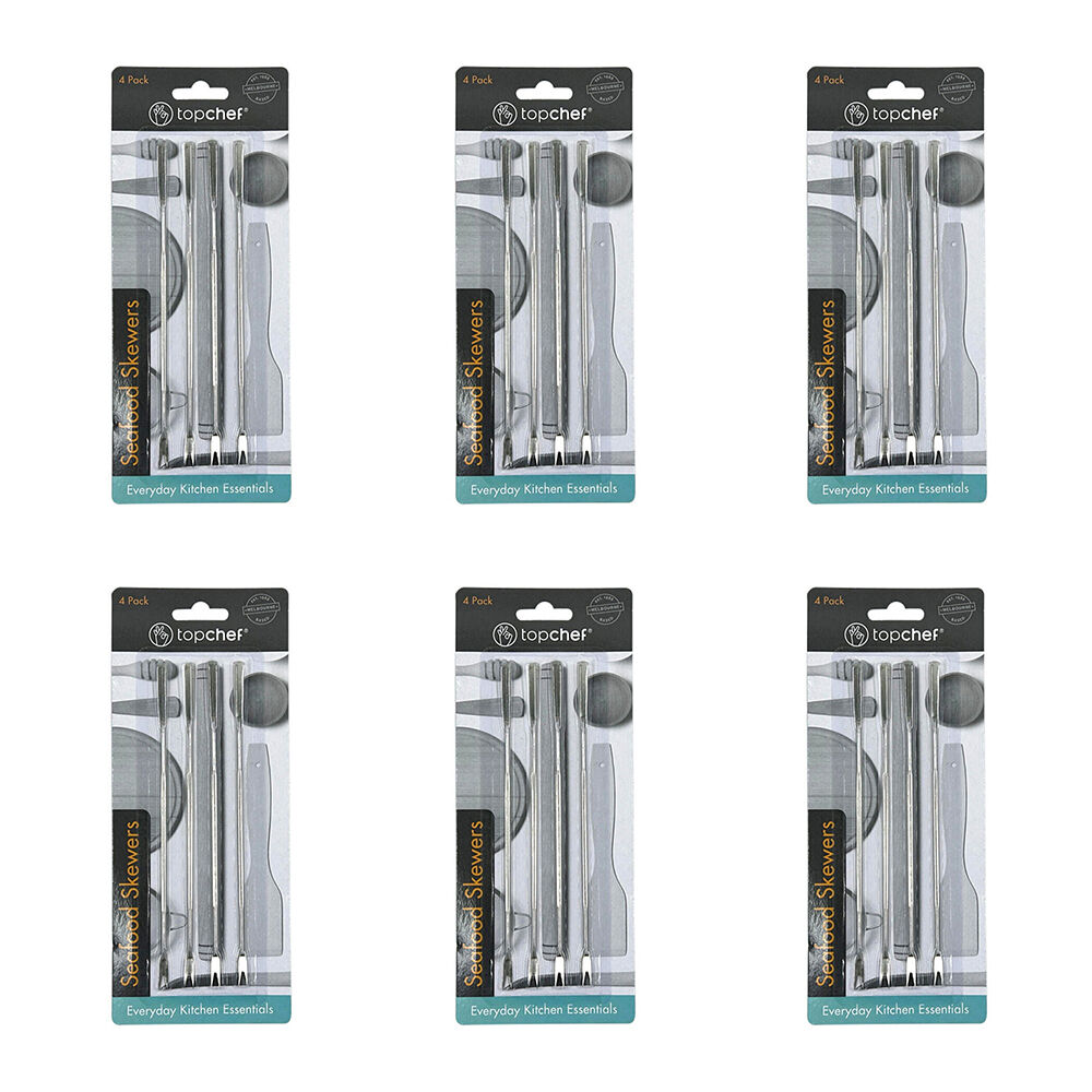 6x 4pc Topchef Stainless Steel Seafood Barbeque Skewers Set 17cm Silver