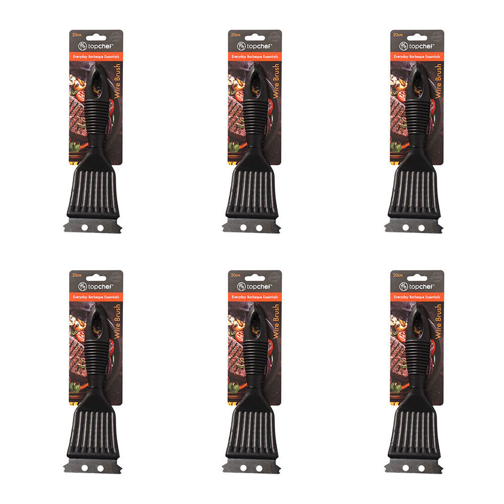 6PK Topchef Stainless Steel Barbeque Wire Brush Cleaning Tool 20cm Black