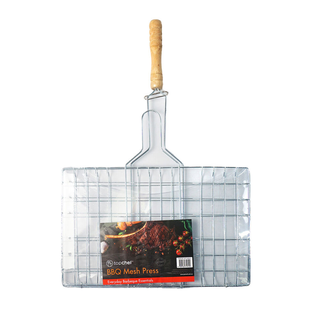 3PK Topchef Iron/Wood Barbeque Grilling Mesh Press Basket 31cm Silver