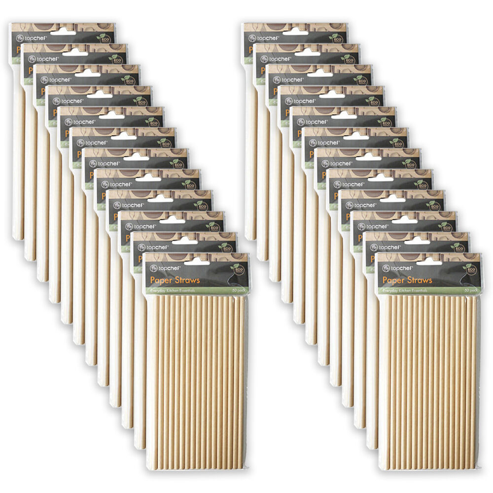 24x 50pc Topchef Disposable Single-Use Paper Drinking Straws 20cm Natural