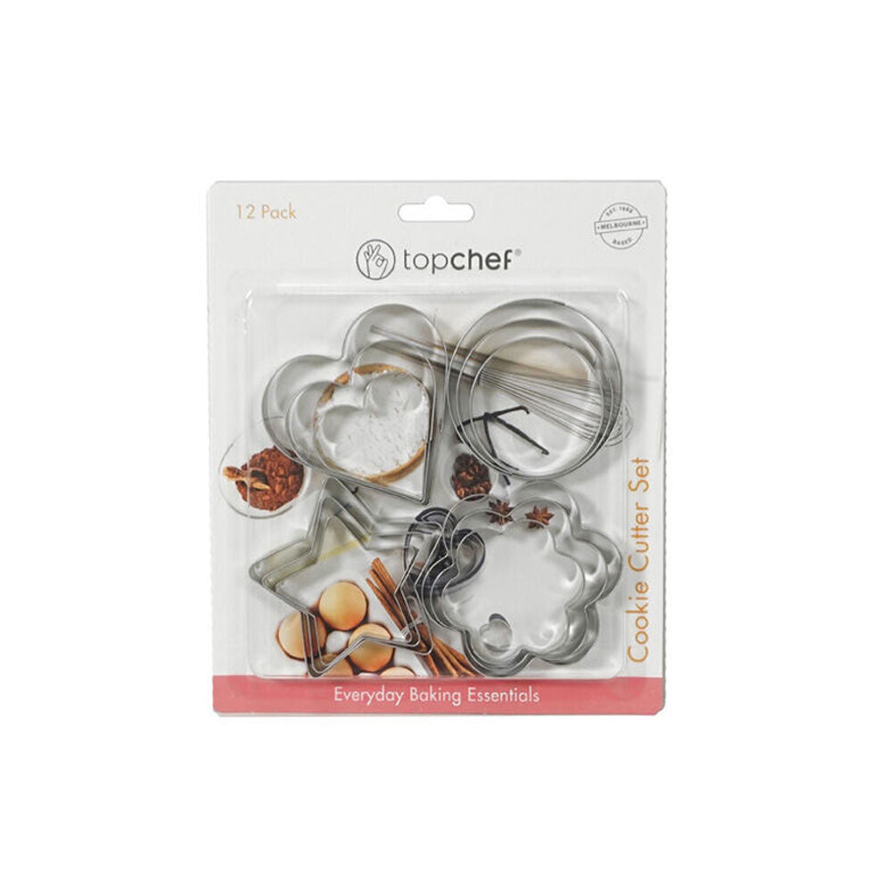 3x 12pc Topchef Stainless Steel Cookie Cutter Baking Set Silver Assorted