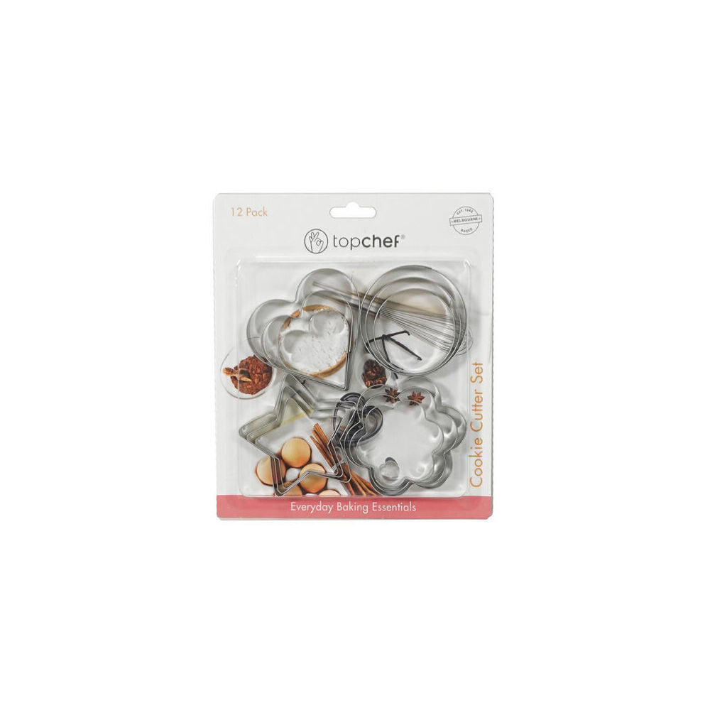 3x 12pc Topchef Stainless Steel Cookie Cutter Baking Set Silver Assorted