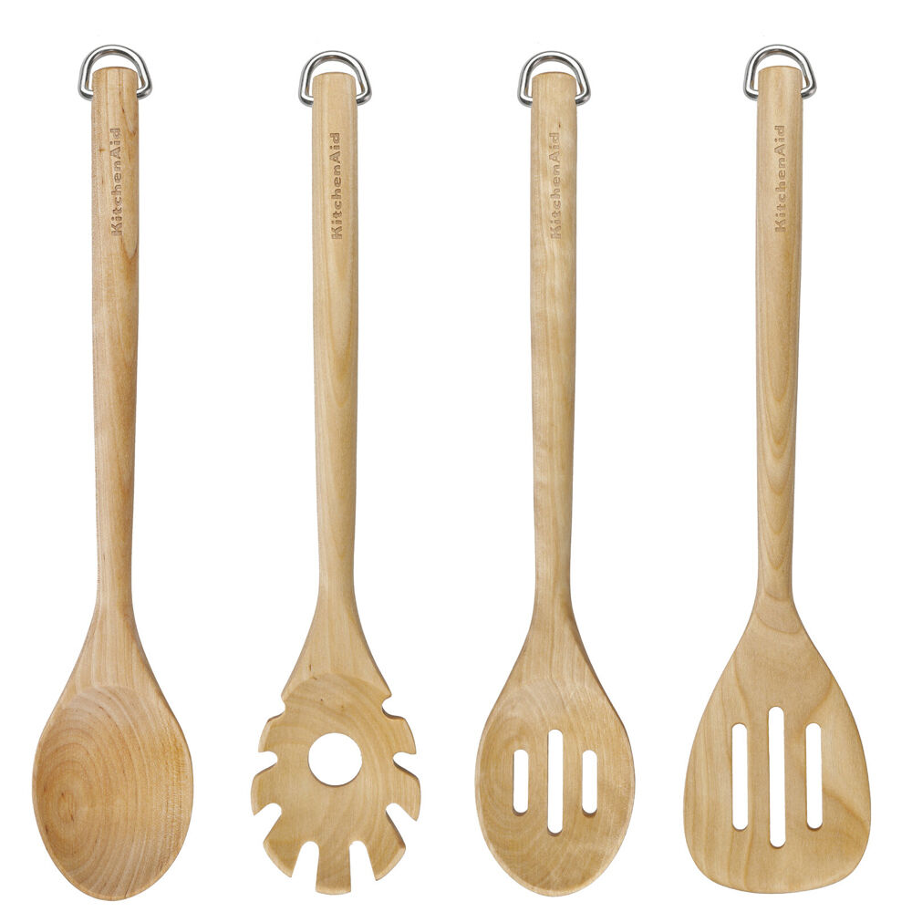 4pc KitchenAid Birchwood Utensils Set Wooden Kitchen Tools Durable Design w/Hook
