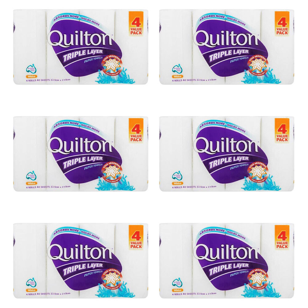 6x 4pc Quilton Triple Layer Paper Tissue Towel 22.5x21.5cm - White