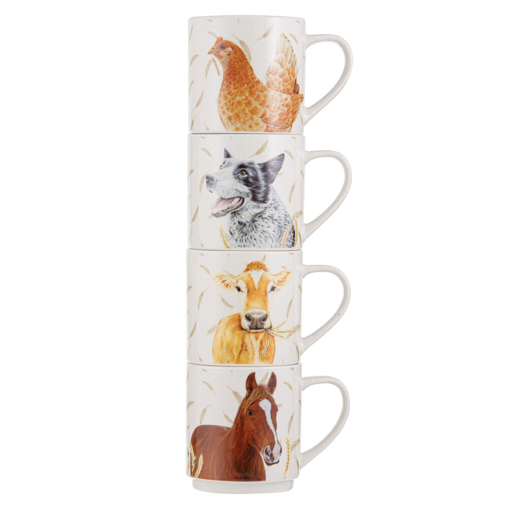 4pc Ashdene Farmyard Faces 2 New Bone China Stackable Drink Mug 330ml White