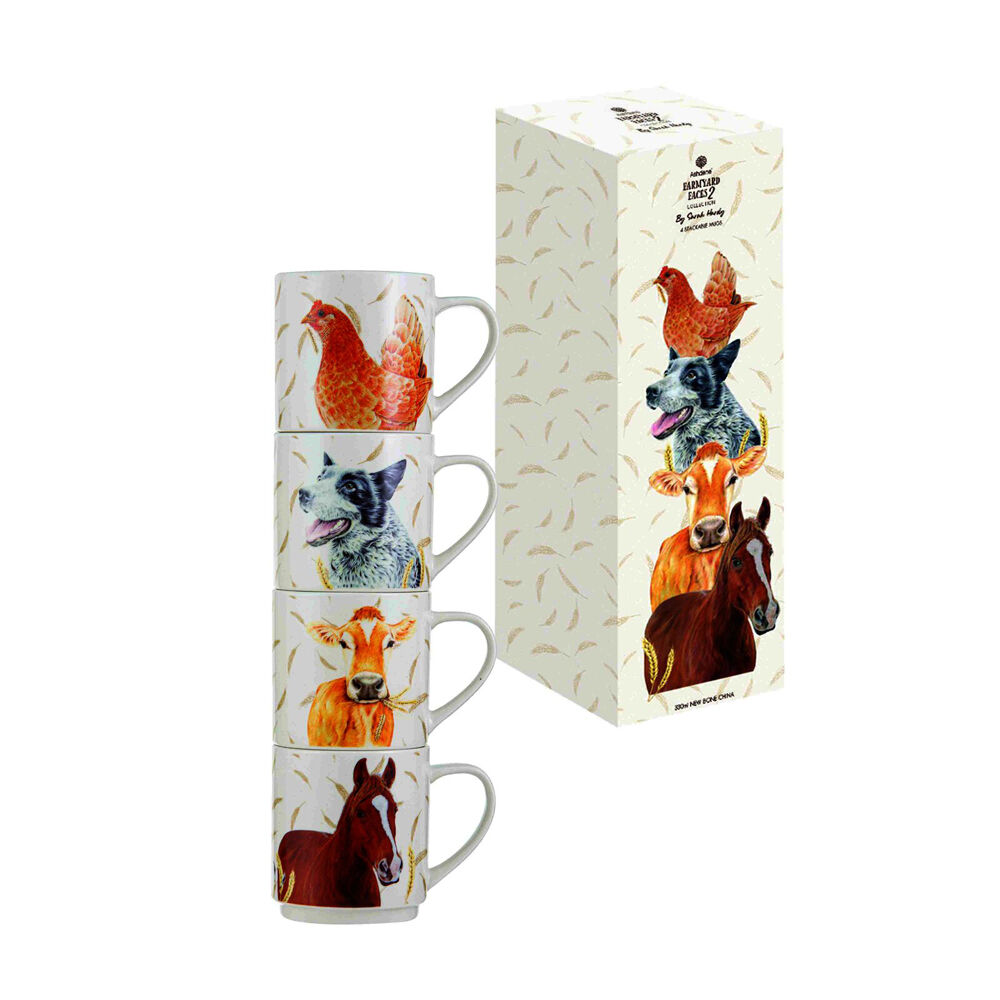 4pc Ashdene Farmyard Faces 2 New Bone China Stackable Drink Mug 330ml White