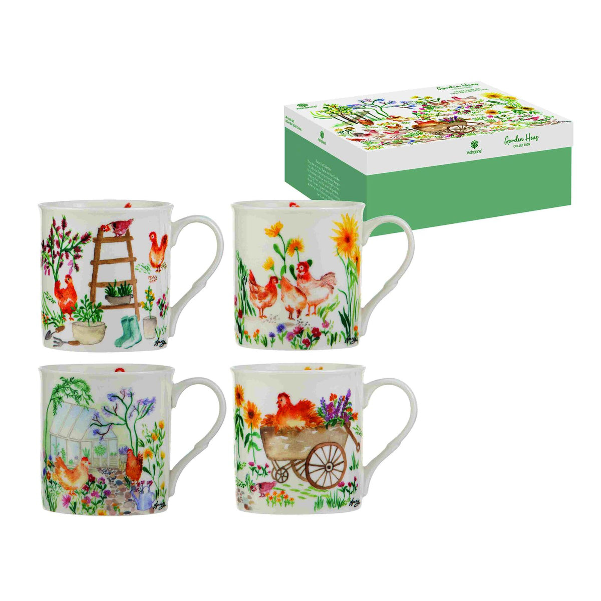 4pc Ashdene Garden Hens New Bone China Drinking Coffee Mug 330ml White