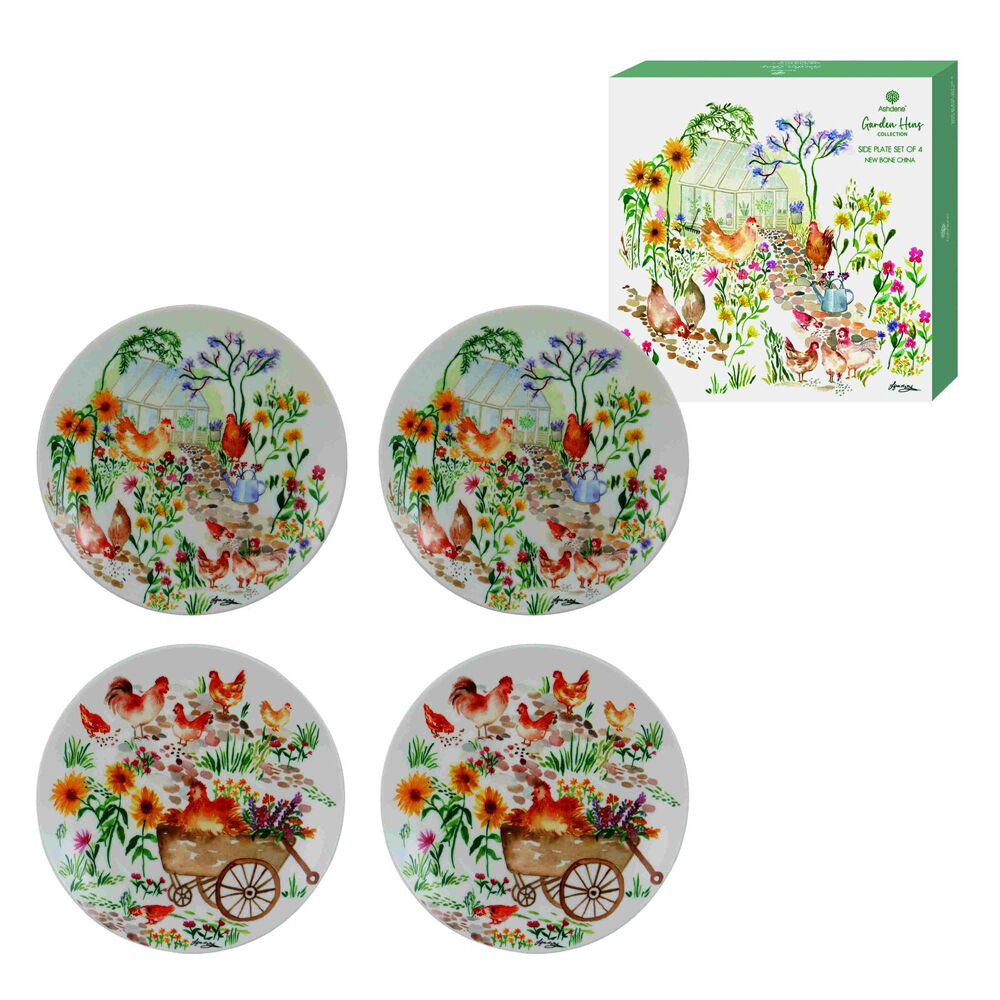 4pc Ashdene Garden Hens New Bone China Round Dessert Side Plate 20x20cm