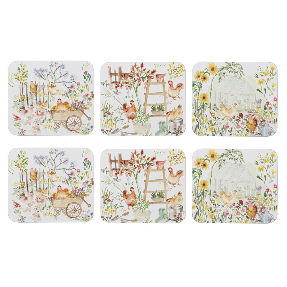 6pc Ashdene Garden Hens Square Cup Mug Drinking Mat Coaster 11x9.7cm