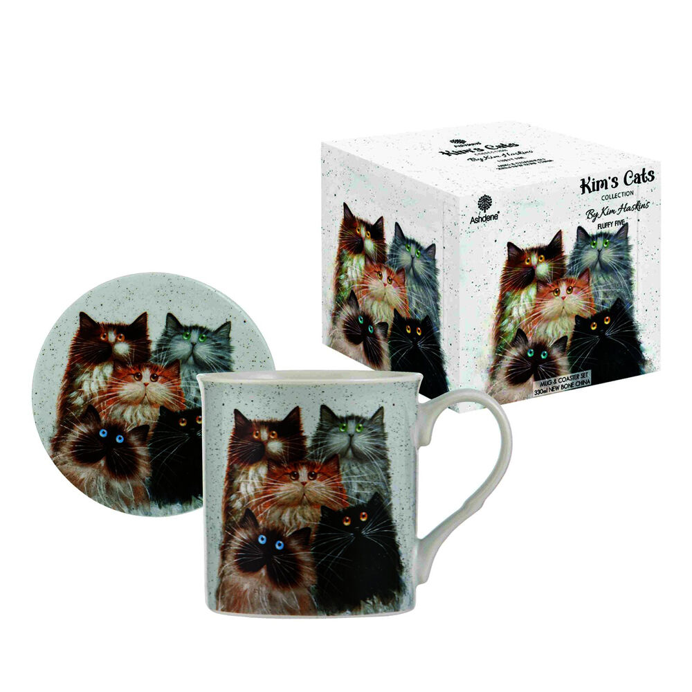 Ashdene Kim's Cats Fluffy Five New Bone China Mug & Coaster Set 330ml White