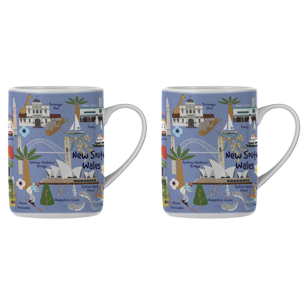 2PK Ashdene Land Down Under NSW Bone China Drinking Mug Blue 370ml
