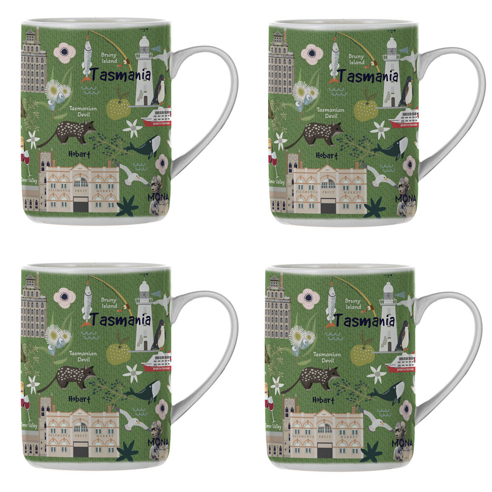 4PK Ashdene Land Down Under Tas Bone China Drinking Mug Green 370ml