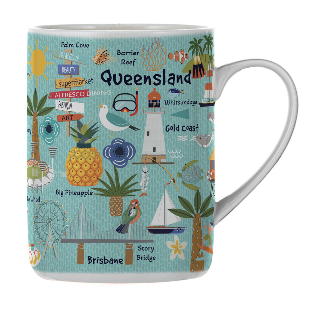 2PK Ashdene Land Down Under Qld Bone China Drinking Mug Blue 370ml