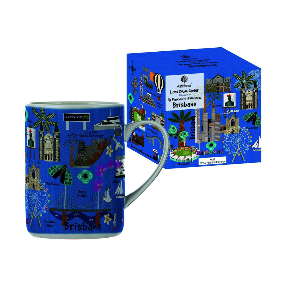 2PK Ashdene Land Down Under Brisbane Bone China Drinking Mug Blue 370ml