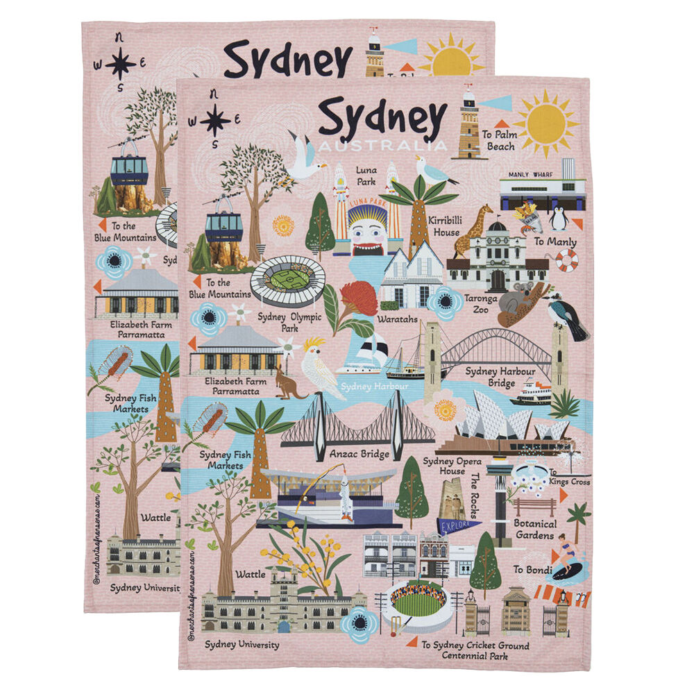 2PK Ashdene Land Down Under Sydney Cleaning Home Kitchen Tea Towel 70x50cm