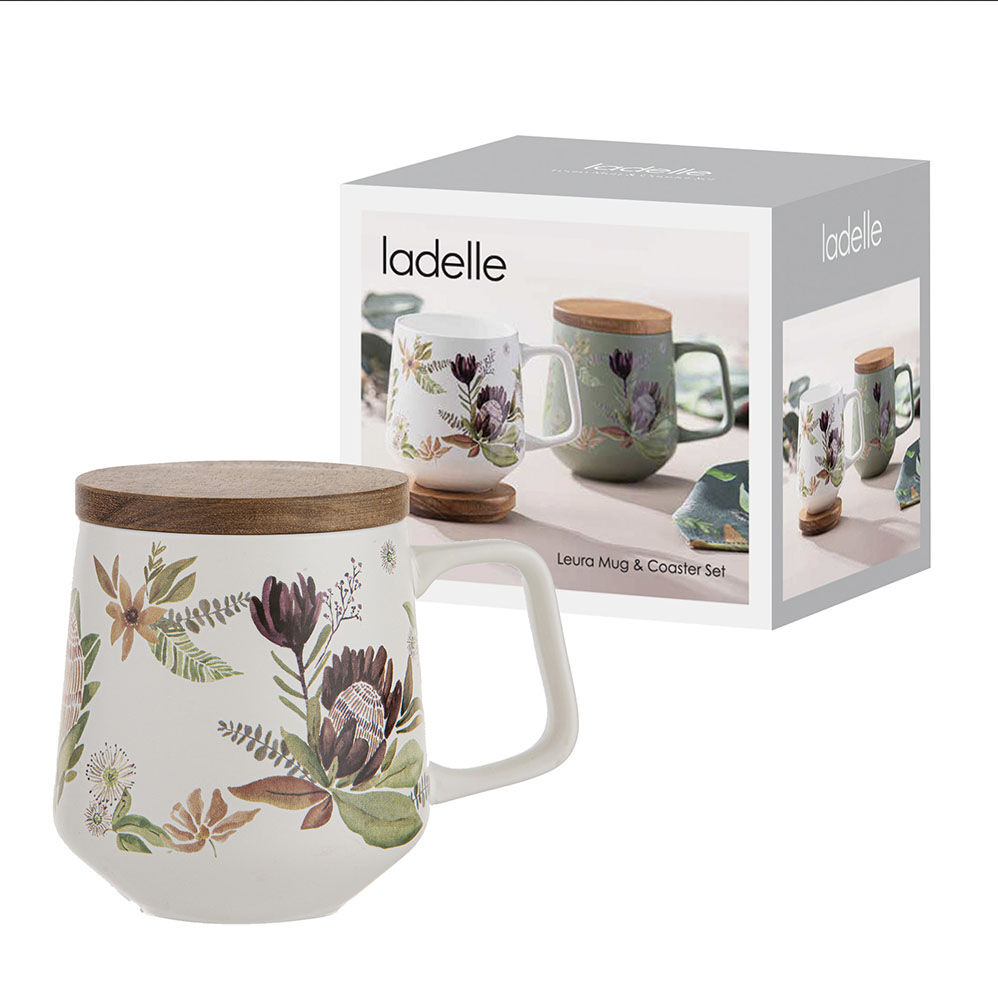 Leura Starter Porcelain Mug & Acacia Coaster Serving Set Assorted