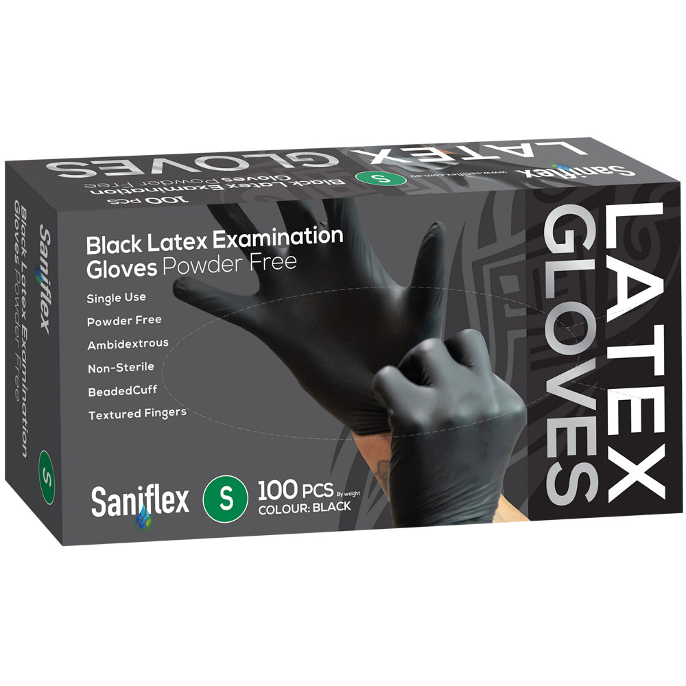 400pc Saniflex Black Latex Powder Free Gloves- Size S