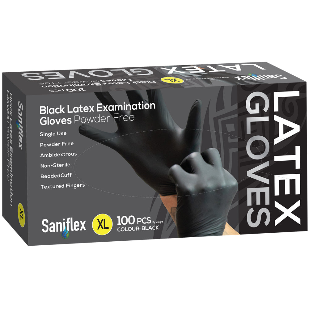 400pc Saniflex Black Latex Powder Free Gloves- Size XL