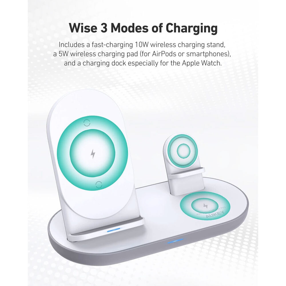 Aukey 3 In 1 Aircore Series Wireless Charging Station Stand White f/ Apple