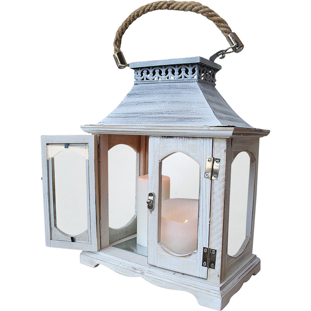 2pc LVD Lantern Glass/Wood/Metal Candle Holder - Whitewash