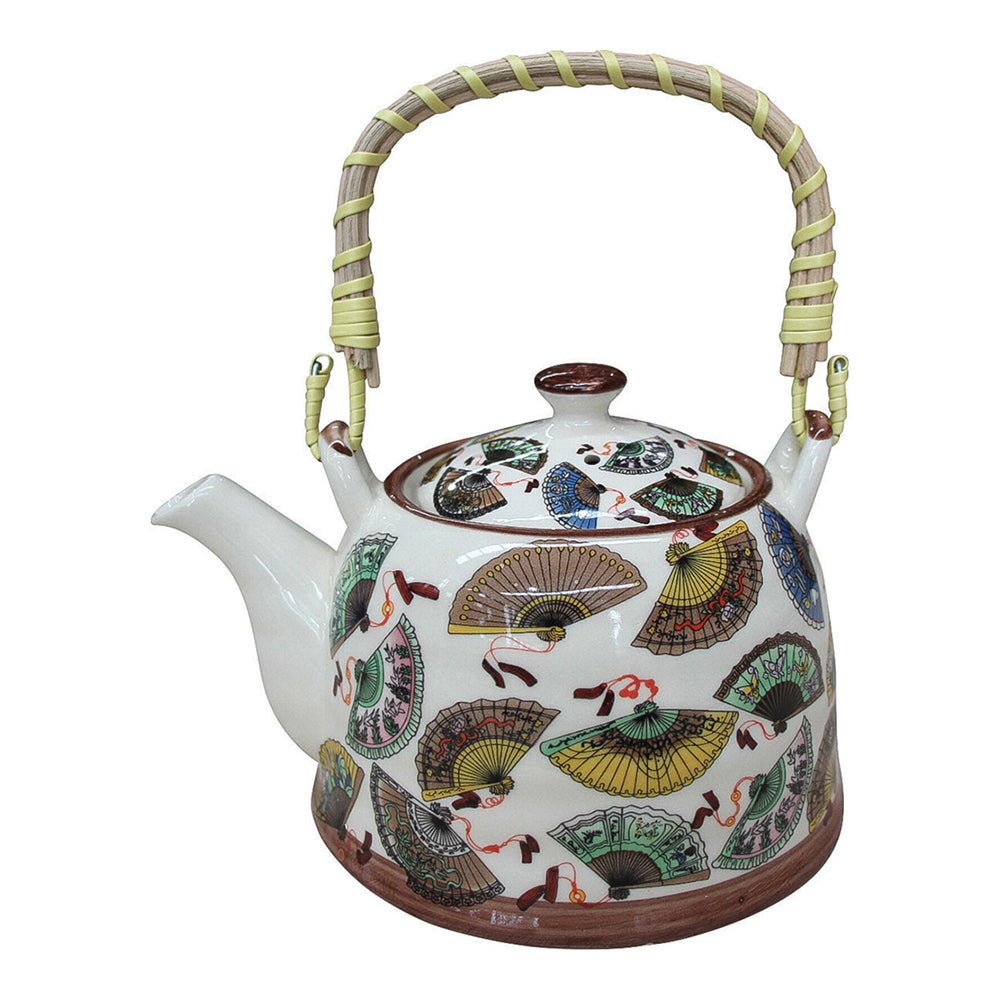 2PK LVD Oriental Fans 18cm Ceramic Teapot Decorative Brewing Tea Pot w/ Handle