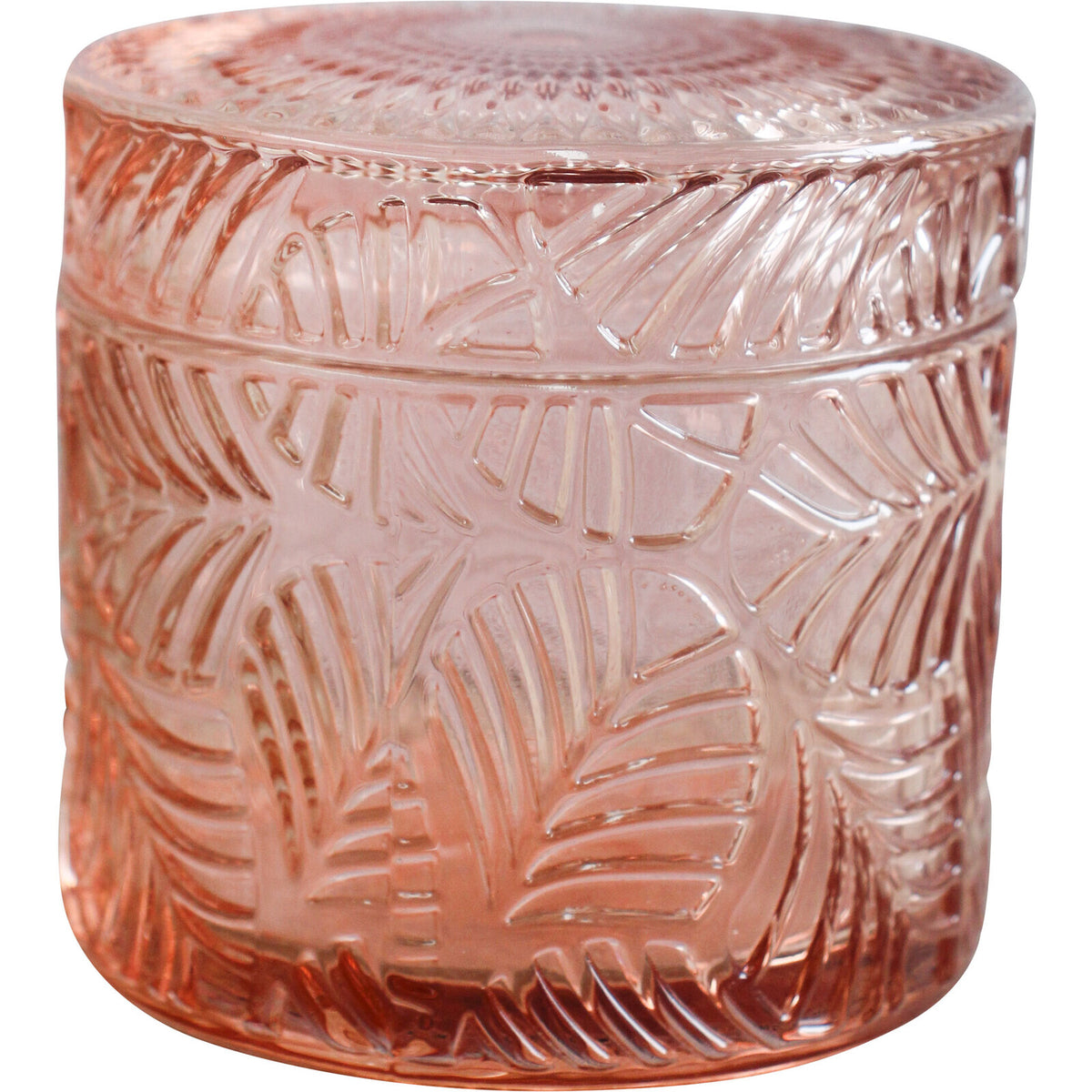 2PK LVD Leaves Oasis Glass 9cm Trinket Storage w/ Lid Round - Pink