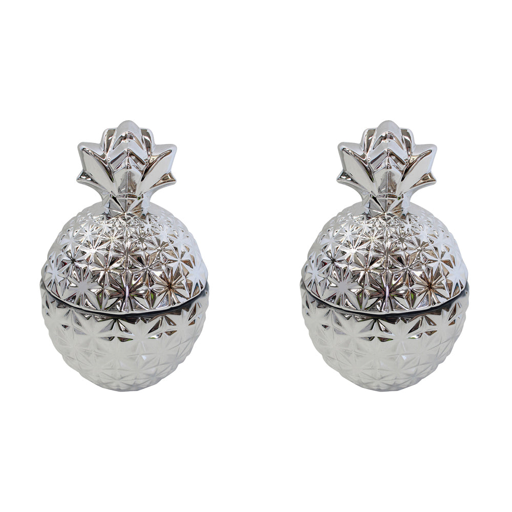 2PK LVD Glass Pine Trinket Box Storage Decor Round 14cm - Silver