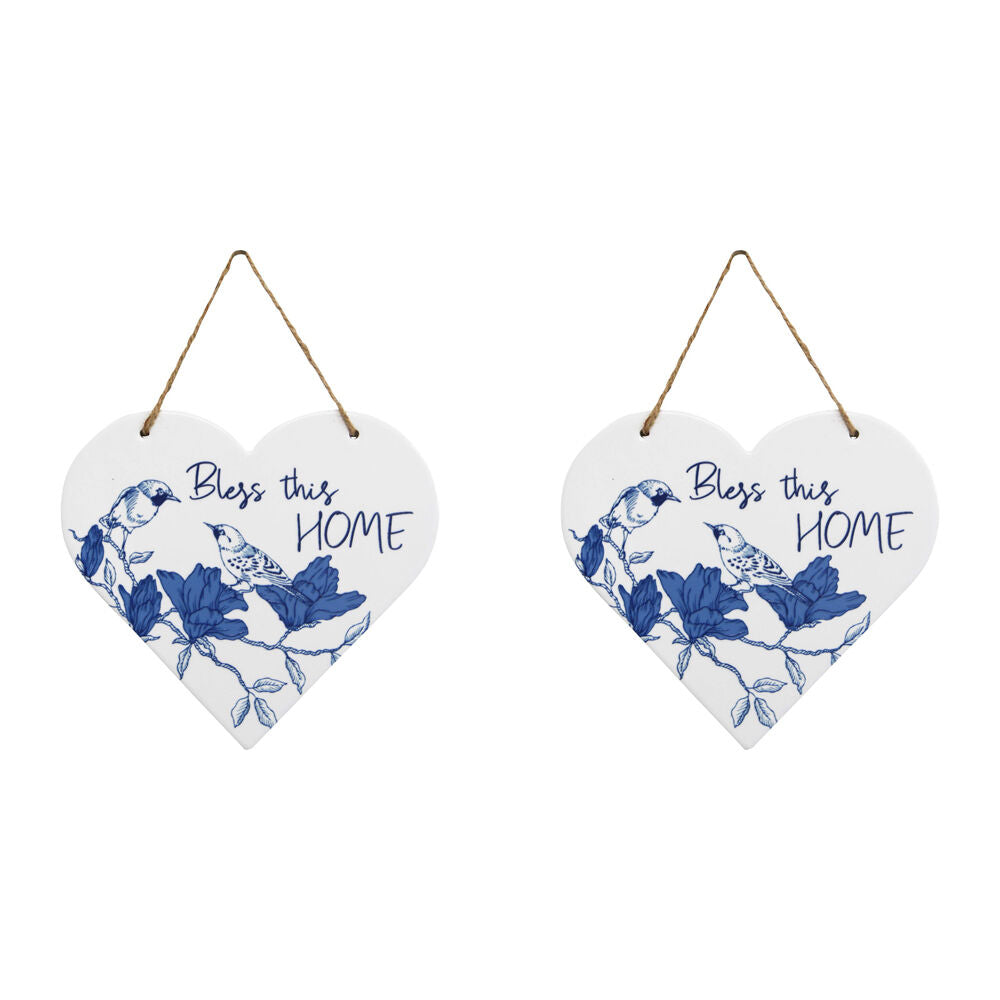 2PK LVD Ceramic Heart Bless Home Hanging Decorative Sign 22x19.5cm Blue/White