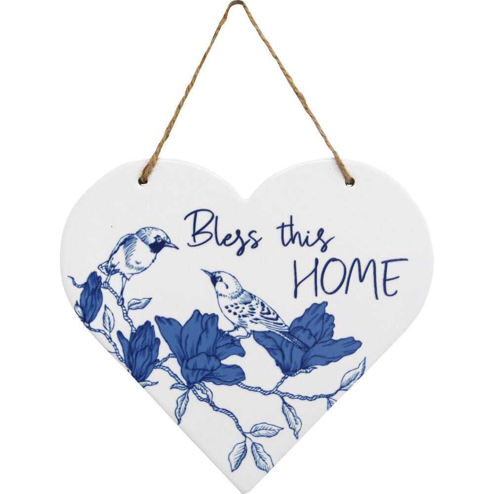 2PK LVD Ceramic Heart Bless Home Hanging Decorative Sign 22x19.5cm Blue/White