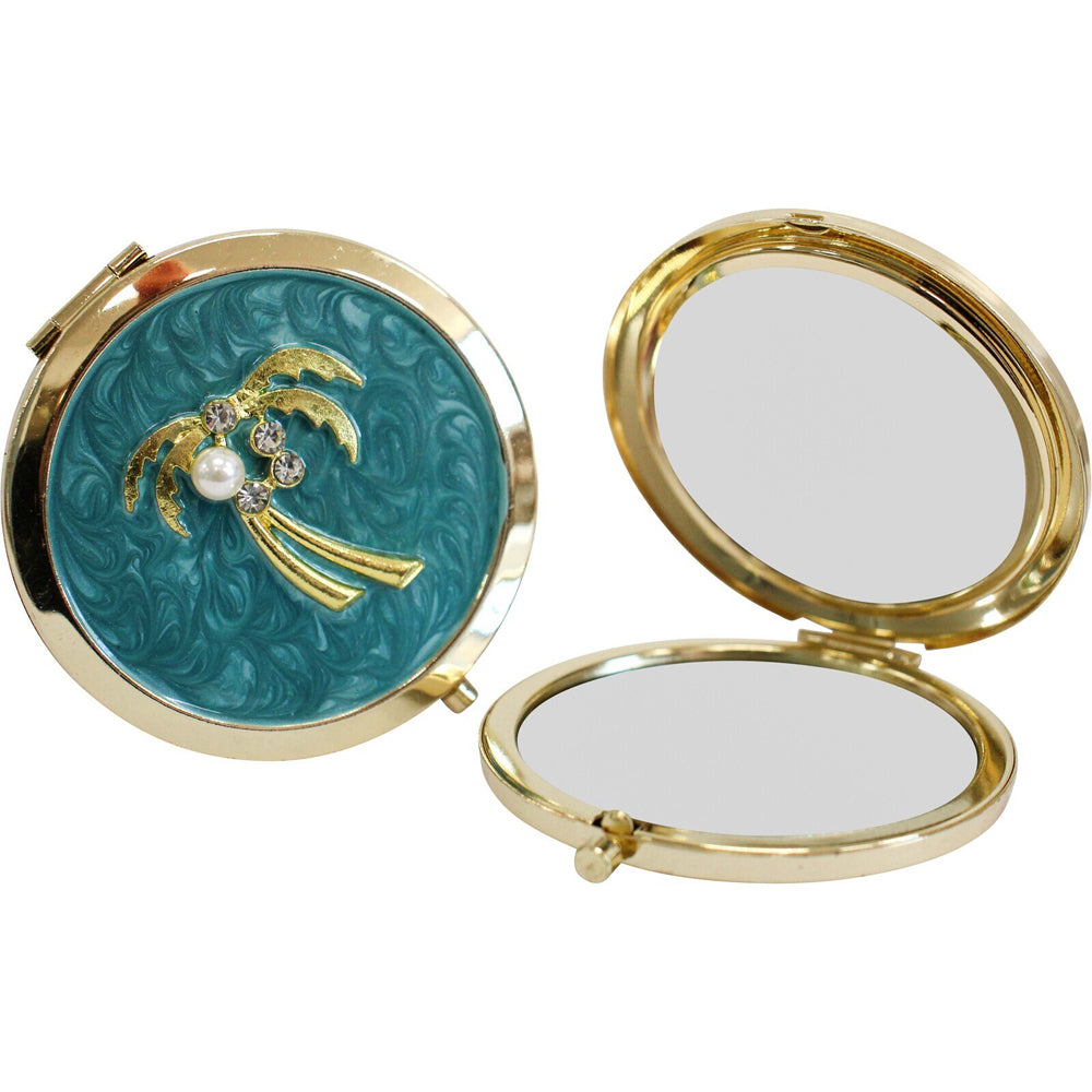 2PK LVD Azure Palm Metal/Enamel/Glass 7cm Compact Makeup Mirror Round