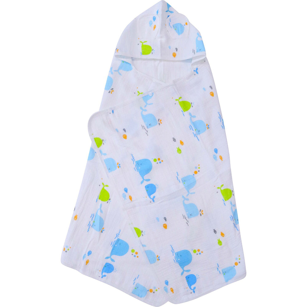 2PK LVD Whales Cotton Hooded Swaddle Baby Wrap 127x66cm - White