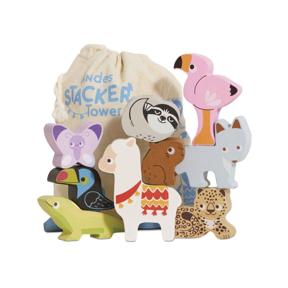 10pc Le Toy Van Wooden Andes Stacking Animals & Bag Toy 18m+