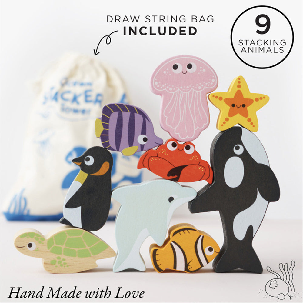9pc Le Toy Van Petilou Ocean Stacking Animals w/ Bag Kids Wooden Toy 18m+