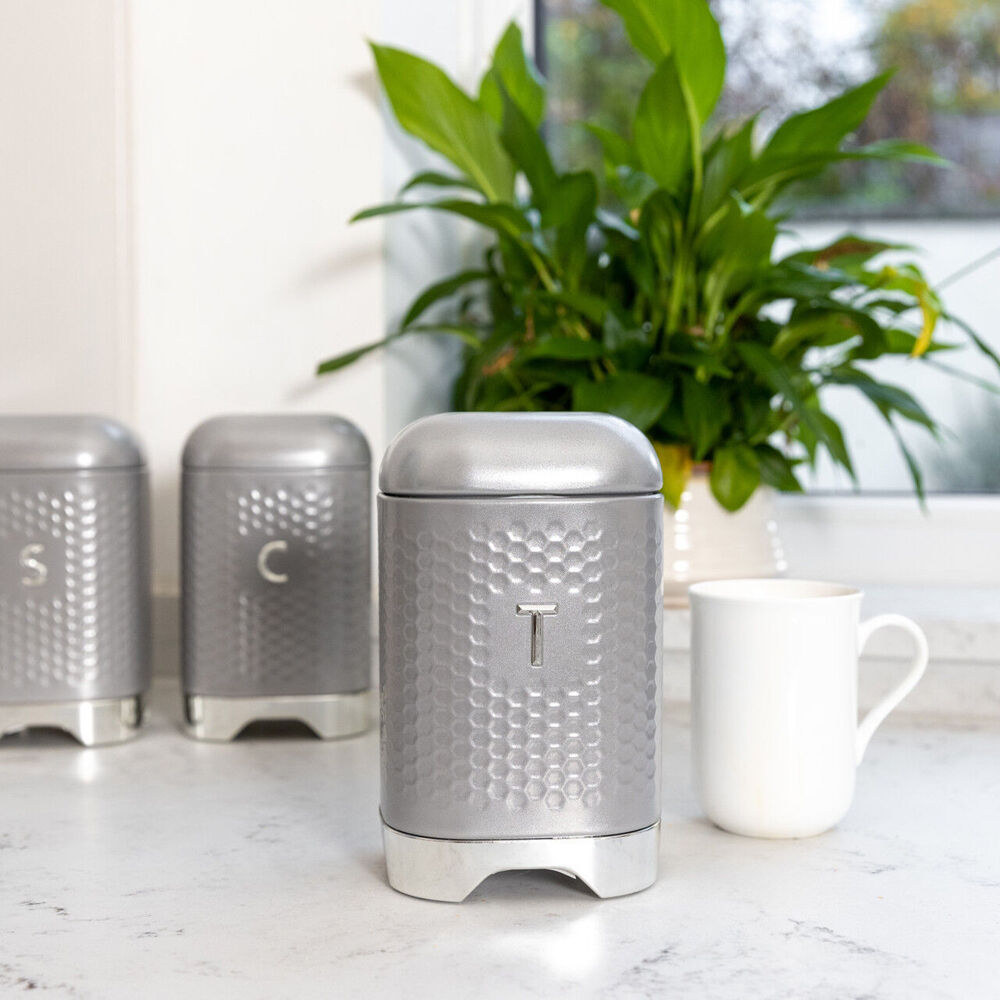 Kitchencraft Lovello Geometric Textured Retro Tea Canister 19cm Shadow Grey